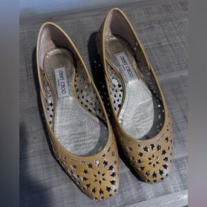 Adorable Jimmy Choo Mustard Yellow Patent Leather Perforated Flats